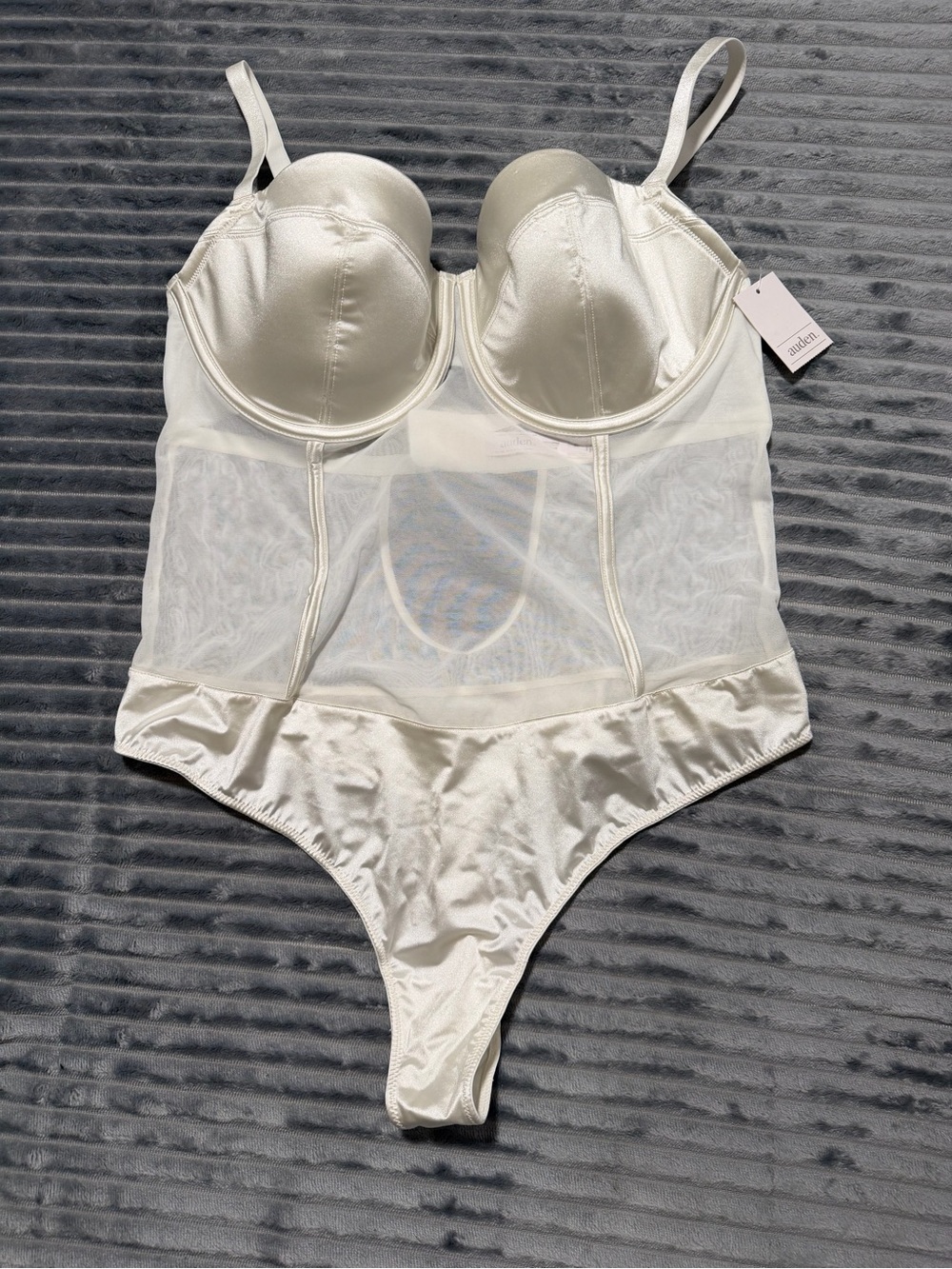 Auden Satin & Mesh Thong Bodysuit in Ivory